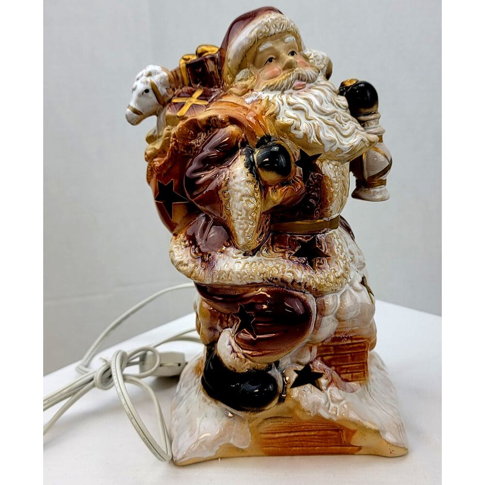 Lighted Porcelain Santa Chimney Toys Star Cutouts Golds Whites 10" VNTG  On/Off